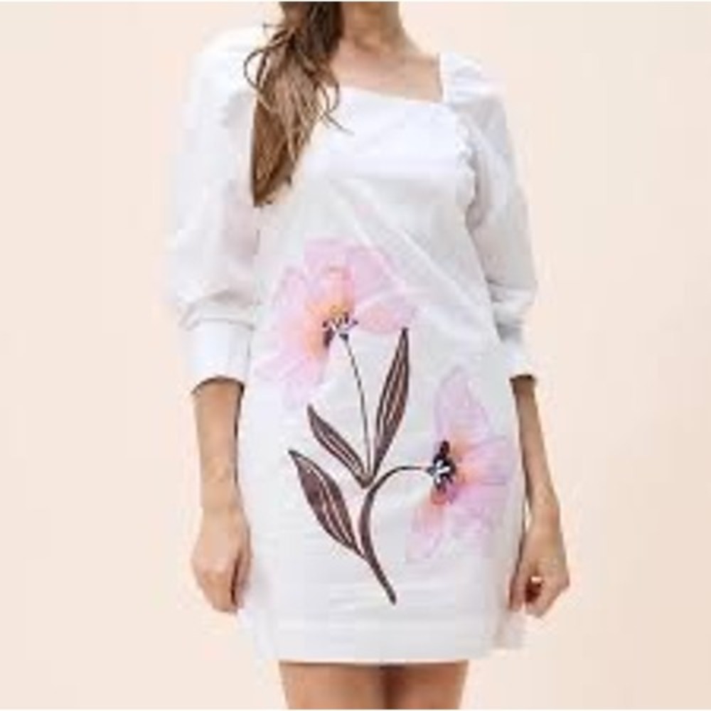 Cleobella White Organic Cotton Floral Puff Sleeve Mini Dress Square Neck Small